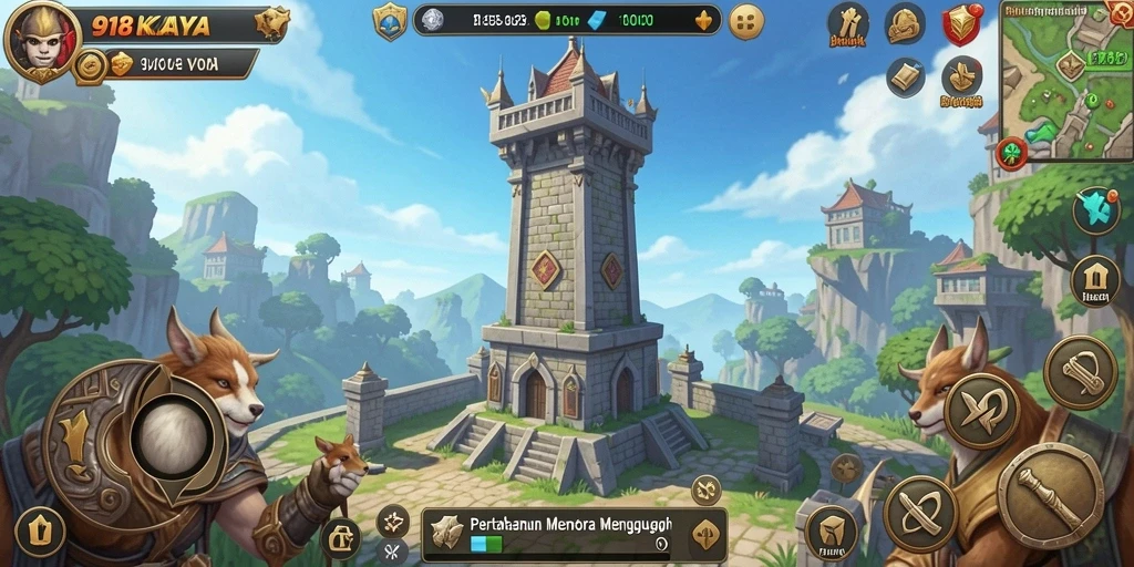 Tampilan seru gameplay Tower Defense di 918KAYA dengan menara dan musuh yang dinamis.