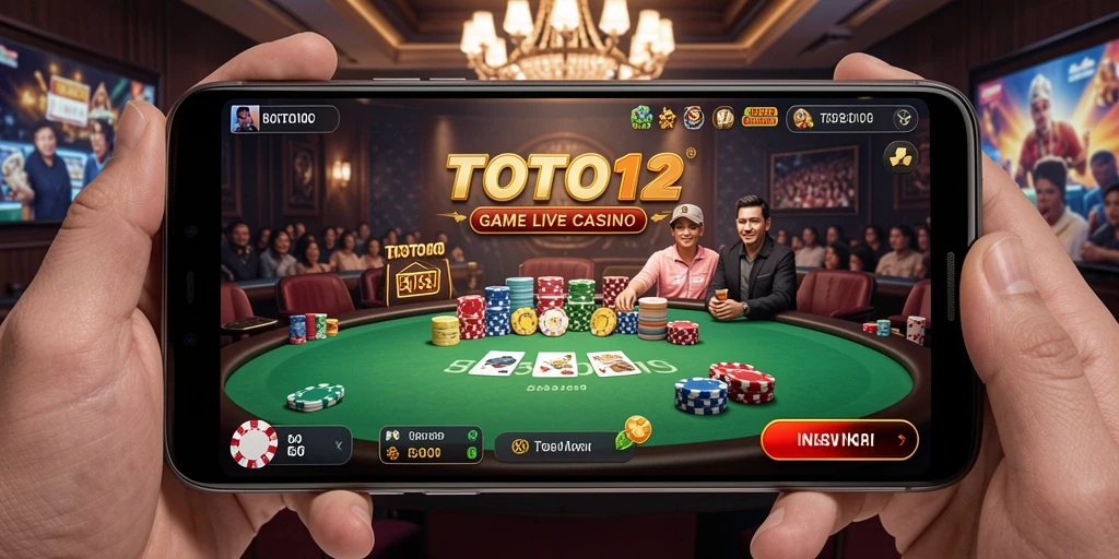 Screenshot gameplay TOTO12 menampilkan dealer profesional dan suasana Live Casino yang mendebarkan.