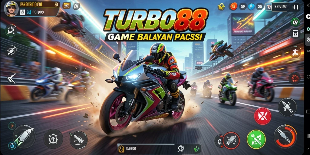 Screenshot utama TURBO88 menampilkan aksi balapan motor yang mendebarkan.